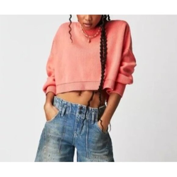 Free People Easy Street Crop Sweater in Guava Juice Medium - Picture 1 of 8